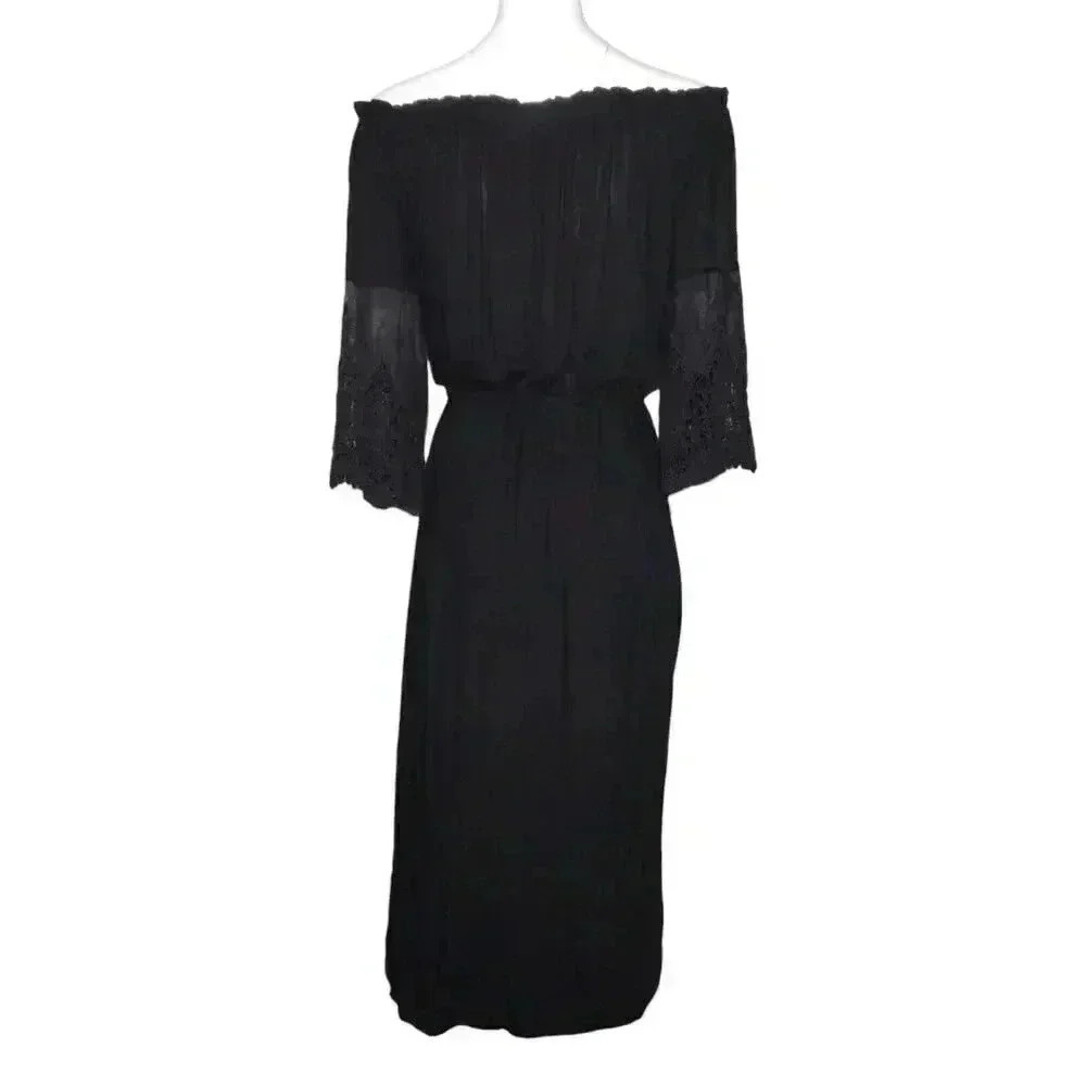 Young Fabulous & Broke Black Off Shoulder Midi Dress Lace Bell Sleeve Tassels S - Picture 3 of 7